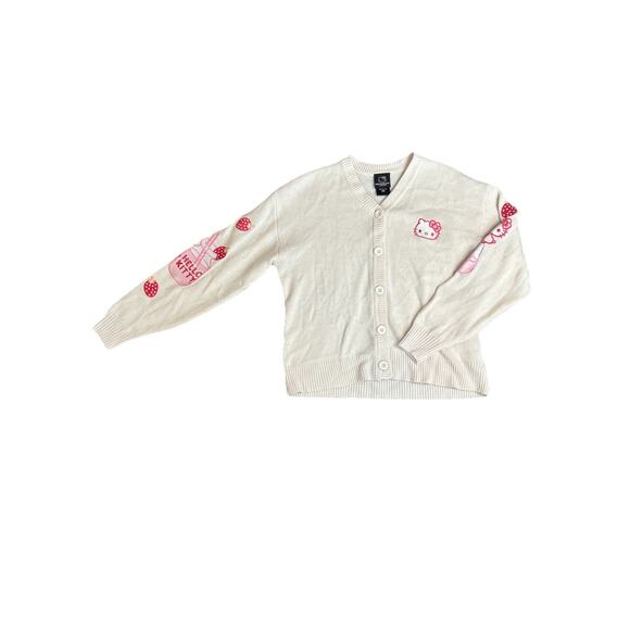 Hello Kitty Women’s S Sanrio Sweater Cardigan‎ Pink Strawberry MilkShake Patches - Picture 1 of 6